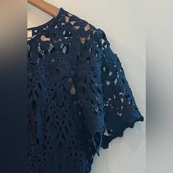 Anthropologie Eri + Eli Navy Eyelet Lace Dress Short Sleeve A-Line Size Med - Picture 7 of 12